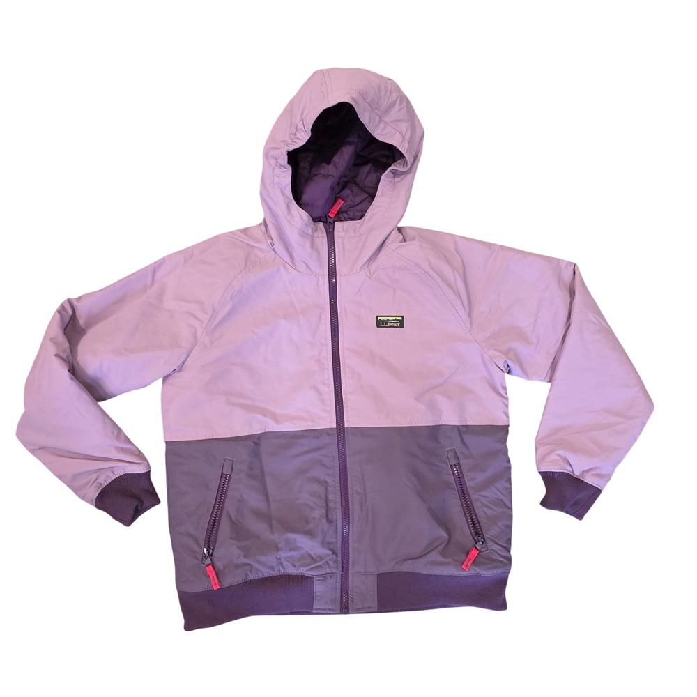 LL Bean Kids Warm-Up Jacket Purple Colorblock Insulated Hooded Coat L 14-16